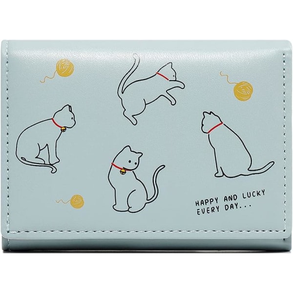 Jenter Søt trykk Katter som spiller ball Trifold lommebok Liten lommebok Kontantlomme Kortholder ID Vindusveske for kvinner (BLÅ)