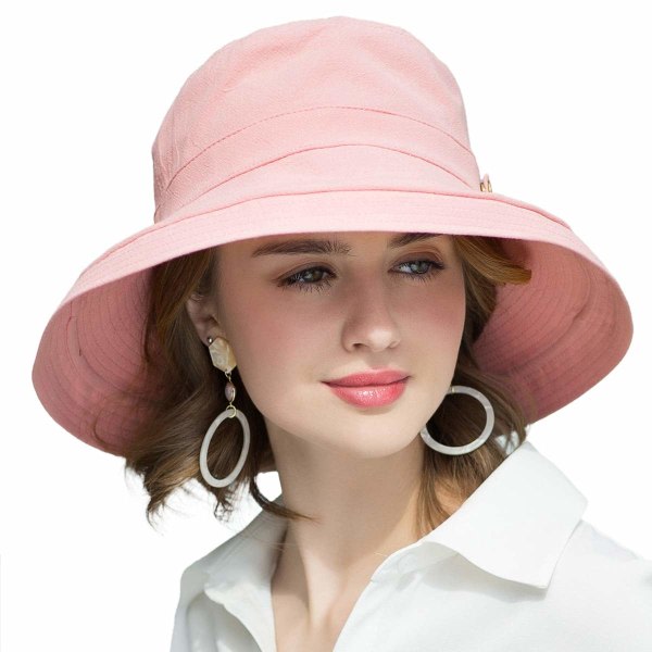Solhatt for kvinner Bred strandhatt UV-hette med vindtett tau for reiseferie Rosa