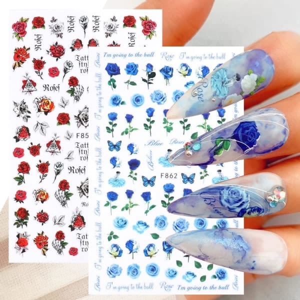 Ark Forår Rød Rose Nail Art Stickers Decals Selvklæbende Blå Hvid Gul Pink Blomster Blomstermønster Manicure Tips