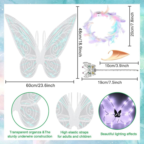 Glimrende Fe-vinger for Voksne, LED-Hårbånd og Stjerner for Karnevalfest Trollslända vit Trollslända vit