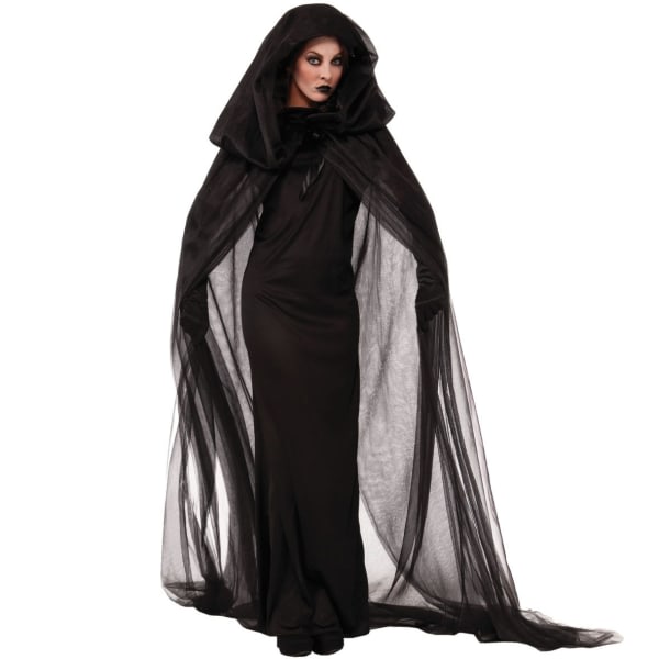 Halloween kostym vuxen häxklänning svart gasväv