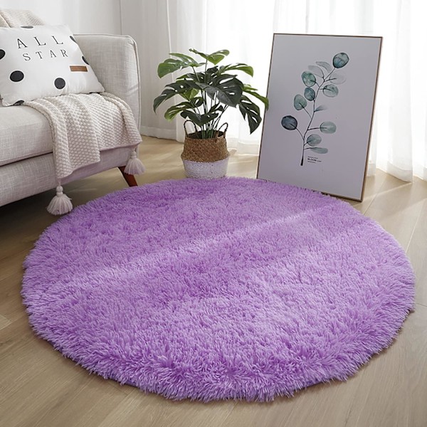 Rund teppe, moderne Shaggy teppe, soverom seng teppe, komfortabel myk anti-skli Shaggy gulvteppe, fluffy teppe, lilla, 60 cm/24 tommer