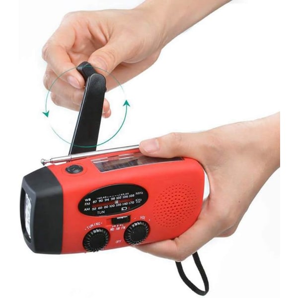 Solarradio, handvev AM/FM nödradio med laddningsbar USB laddare, ficklampa