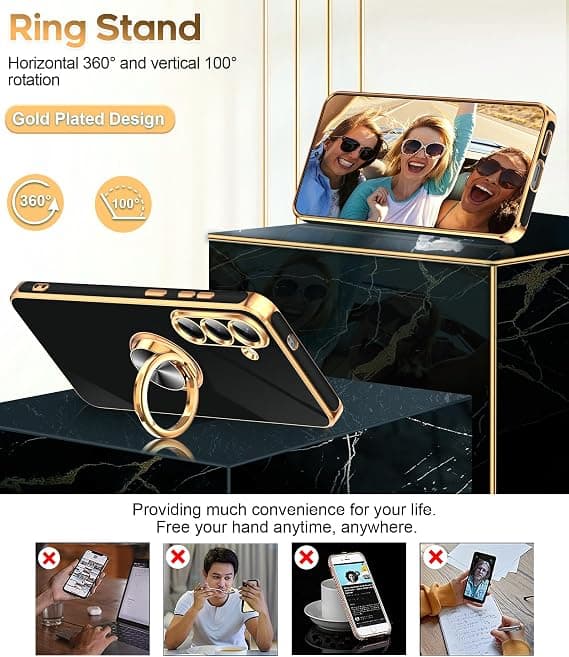 LeYi for Samsung Galaxy S25 FE Case, 2-Pack Screen Protector, 360° Rotatable Ring Holder, Magnetic Stand, Rose Gold Edge, Black Black