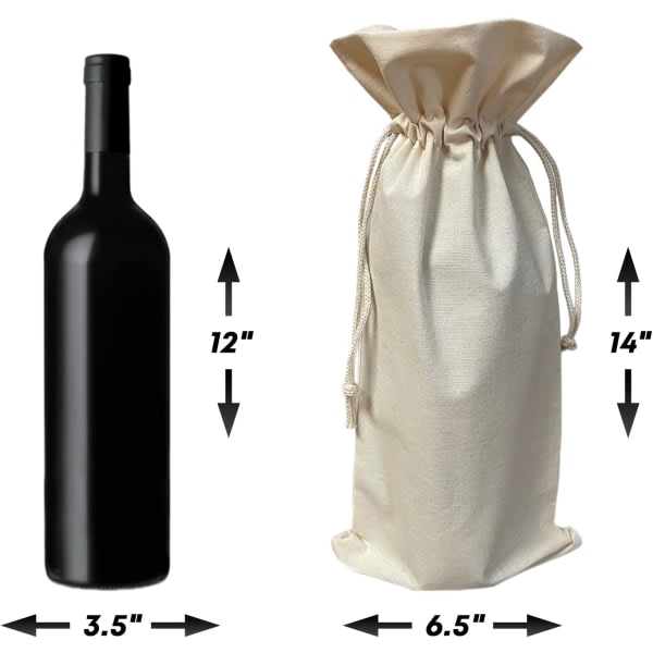 (12-pak) Gaveposer til vinflasker i naturbomuld Canvas med snøre