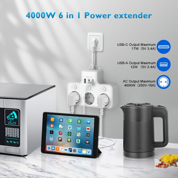 Useita pistorasioita yksittäisillä kytkimillä, pistorasia USB-C 3 pistorasialla ja 3 USB-laturilla, seinäpistorasia useilla USB-pistorasioilla, lyhyt kaapeli