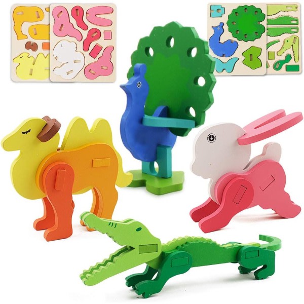 Träpussel för småbarn - 4-pack djurformade Montessori-leksaker för förskola, finmotorik Tidig inlärning Pedagogiska gåvor,