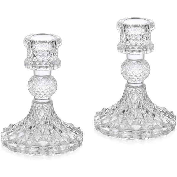 Set med 2 ljusstakar i kristallglas, dekorativt klart glas