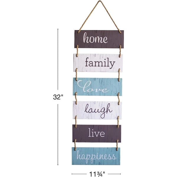 Stor hängande väggskylt: rustik trädekor (hem, familj, kärlek, skratta, leva, lycka) hängande träväggdekoration