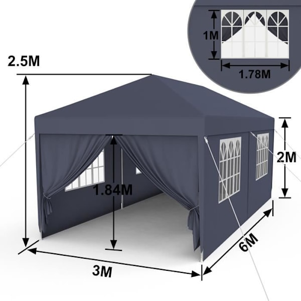 Tonnelle - UISEBRT - 3x6m - Vanntett - UV-beskyttelse - Vindbeskyttelse Träkol/Vit