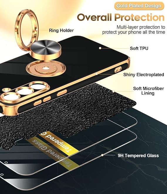 LeYi for Samsung Galaxy S25 FE Case, 2-Pack Screen Protector, 360° Rotatable Ring Holder, Magnetic Stand, Rose Gold Edge, Black Black