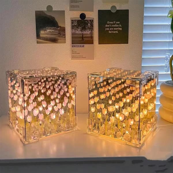 DIY Tulip Natlampe USB LED Bordlampe 20 Lyserøde Blomster Glas Spejl Design