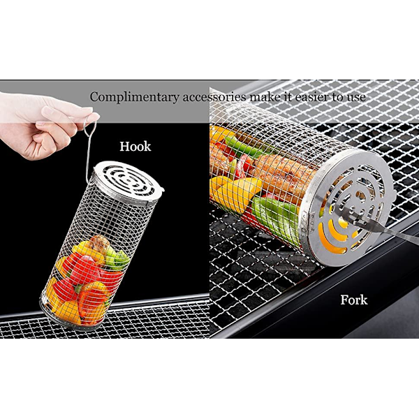 2-pack Grillkorg i rostfritt stål, 2 krokar och 2 gafflar. Rullgrill-XF5-