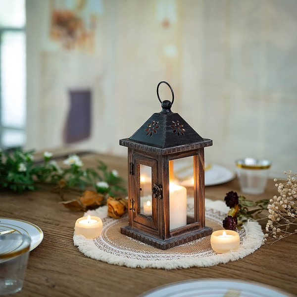 Puinen kynttilälyhty - koristeellinen lyhty 28cm, vintage kynttilä