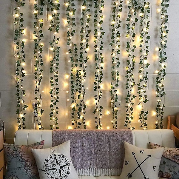 Kunstig eføy, 2 stk 2m Leaf Fairy Lights, Kunstige planter med 20 lysdioder