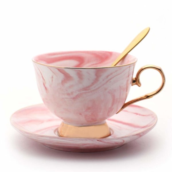Marmor keramikkopp och set Kameliamönstrad ben Kina kaffemugg Tekopp Guldkant med kaffekopp, fat och sked, 200 ml, rosa Pink