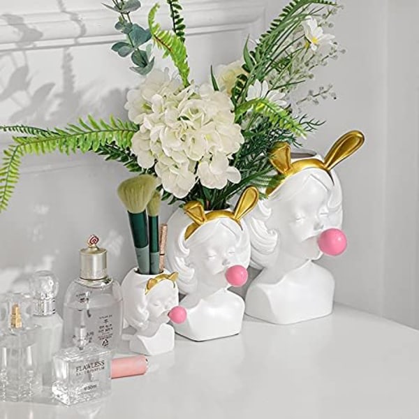 Harpiksvase Sød kaninørepige Bubble Gum Face Plant Pot Lille Vase Dekorativ Makeup Pensel Organizer Penholder til boligindretning Ornament (hvid)