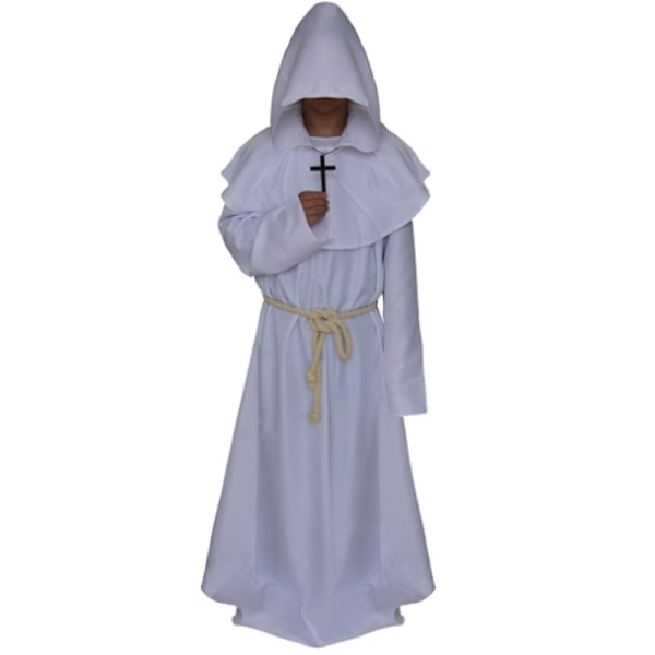 Halloween Voksen Menn Munk Cosplay Kostyme Kåpe Kappe Friar Middelaldersk Prest Karneval Maskeraddräkt Hvit L White