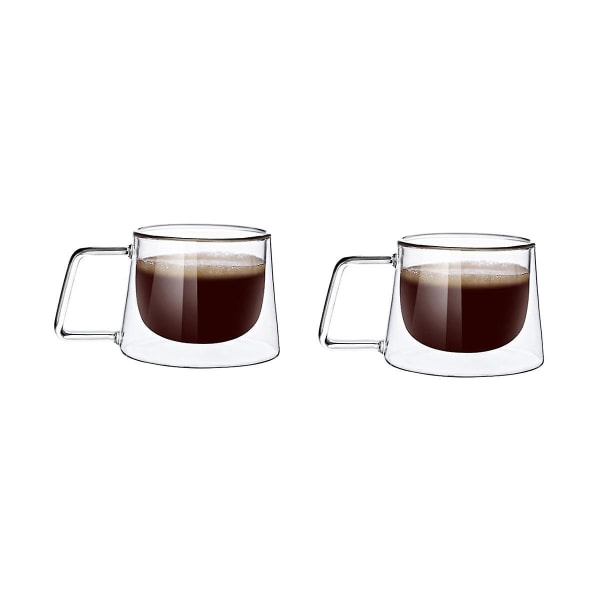 Dobbeltvegget kaffekrus, sett med 2 kaffekopper med håndtak, oppvaskmaskinsikker og varmebestandig, for gjennomsiktig krus for varme drikker