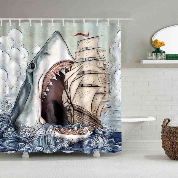 Big Mouth Shark Duschgardiner Medelhavsstil Marint liv