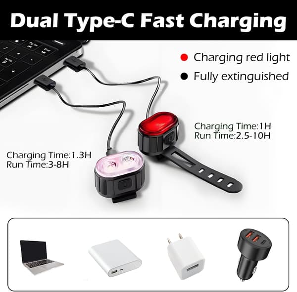USB-C oppladbart sykkelyssett, foran og bak, 4+6 moduser, vanntett