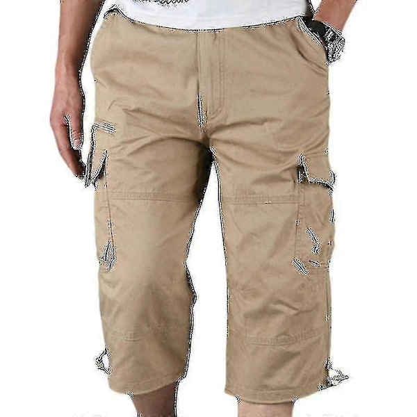 Miesten 3/4 Pitkät Joustavat Shortsit Vyötärö Cargo Combat Kolmeneljäsosahousut Khaki-XF9- Khaki M