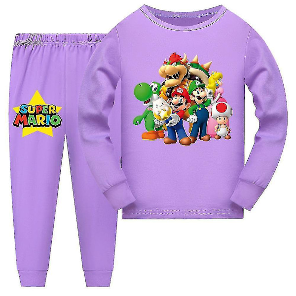 Super Mario Pyjamas Langarmet T-skjorte Bukser Sleepwear Nattøy Pjs Sett Barn Gutter Jenter Pyjamas Loungewear Alder 7-14 År CMK Lilla 7-8 Years Purple