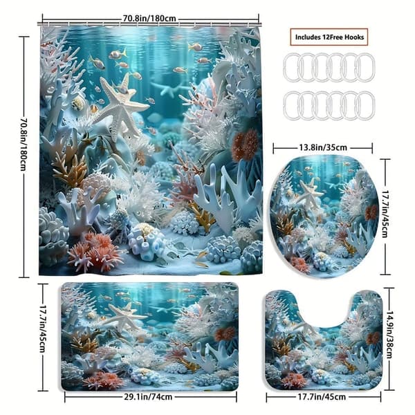 Blue Ocean Shower Curtain with Shells & Starfish, Polyester, High Quality, 12 Hooks, Bathroom Curtain 4pcs