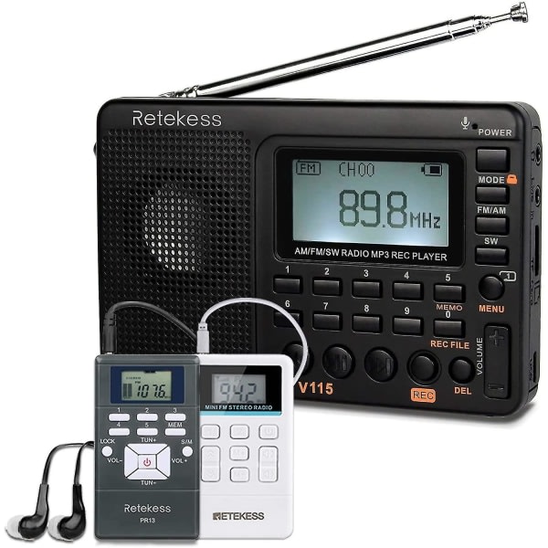 Finydr V115 kortvågsradio, AM FM-radio digital tuner med bas och TF-uttag, paket med PR13-hörlurar