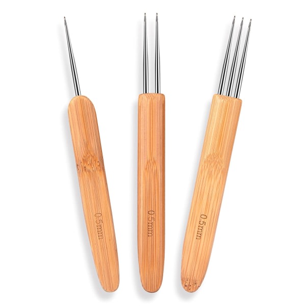 3 forskellige virknålar (1 krok, 2 krokar, 3 krokar), virknålar för hår med bambuhandtag, 0,50 mm hårvävning