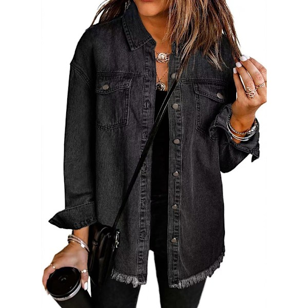 Oversized Denimjakke til Kvinder, Casual Lang Boyfriend Distressed Jeans Skjorte Black-XF5- Black S