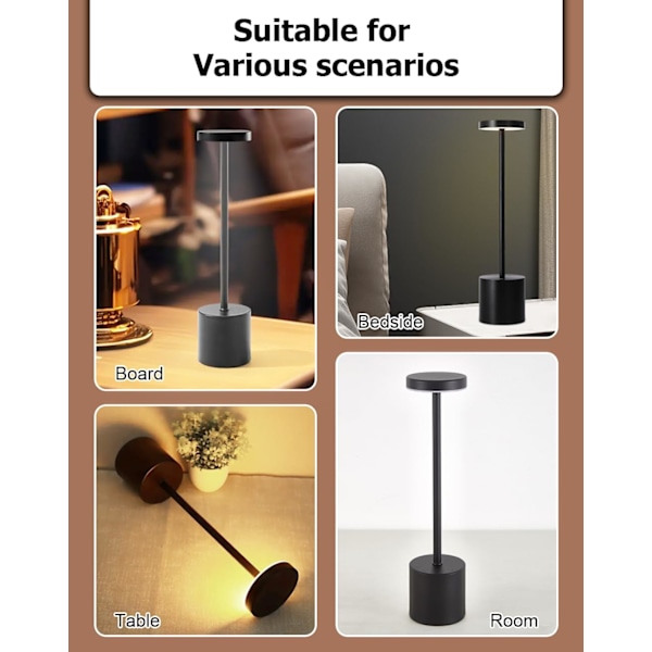 Trådløs oppladbar dimbar aluminium metall touch LED bordlampe nattlys for restaurant, hotell, stue, lesekrok, svart