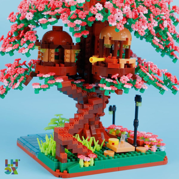 Sakura Bonsai Tree Set Flickor, Sakura Bonsai Tree Set Mini Brick, Mini Brick Sakura Tree House, sekä esittelyvaihtoehto navetta ja vuxnaa varten.