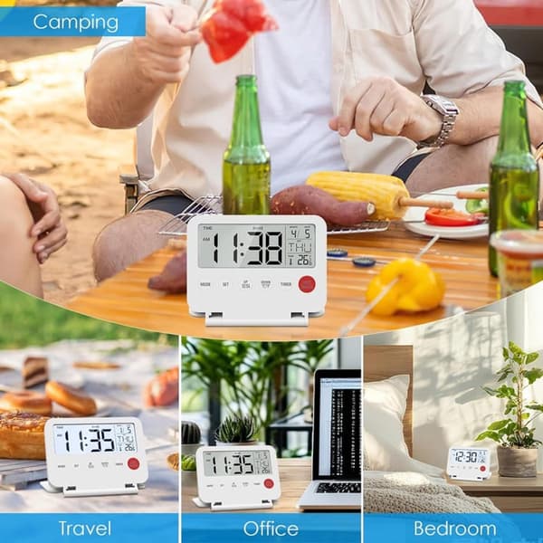 Mini sammenleggbar digital vekkerklokke LCD bakgrunnsbelysning termometer slumrefunksjon dato tid hvit
