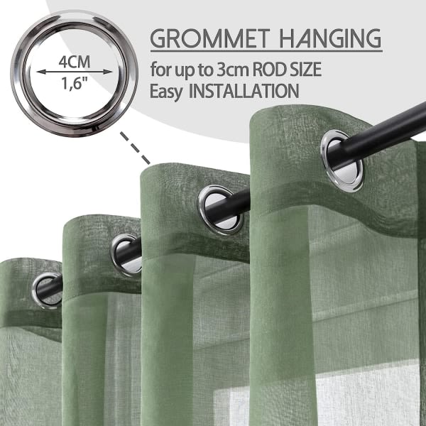 Sett med 2 grønne skira voile gardiner 140x160cm med halvgenomskinliga öljetter linneeffekt heminredning