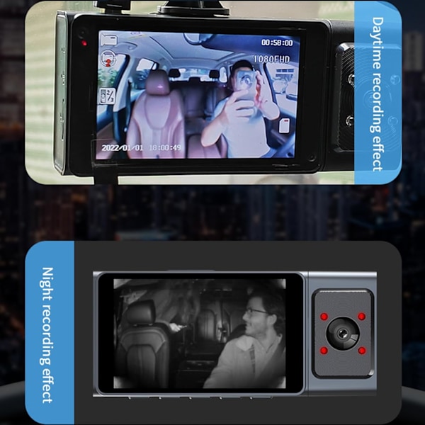 Dashcam - Fram och baksida Inuti 1080P Dash-kamera för Bilar, 3-kanals Dashcam Trevägs Bilkamera med Infraröd Nattsyn, Loop-inspelning, APP C-XM4-