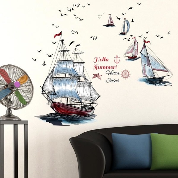 Tecknad segelbåt Väggdekal Hemdekoration Väggdekor PVC-dekal