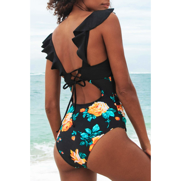 Naisten yksiosainen uimapuku Ruffle Tie Beach Swimwear Tummy-uimapuku (musta kukka)