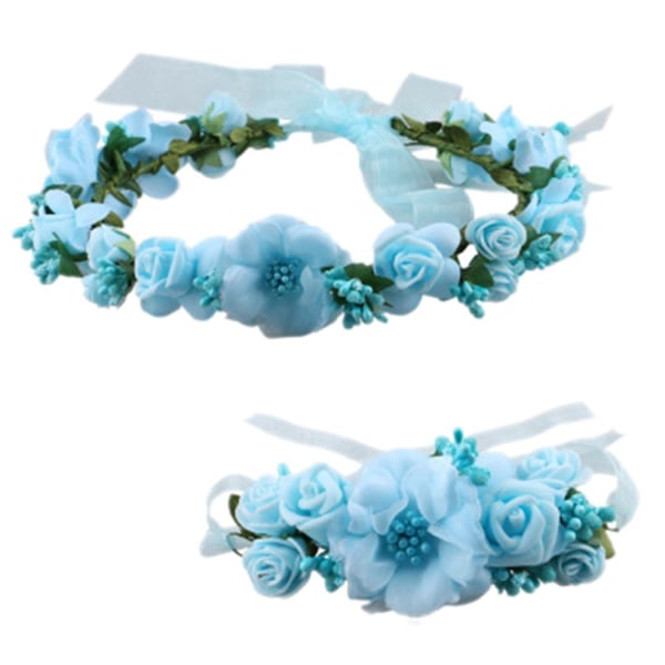 Rose Flower Crown Krans Bröllop Pannband Armbåndssæt (blå)