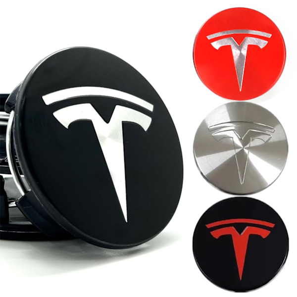 4-pakning - Tesla Senterdeksler / Nav Emblem - Bil 77 Silver