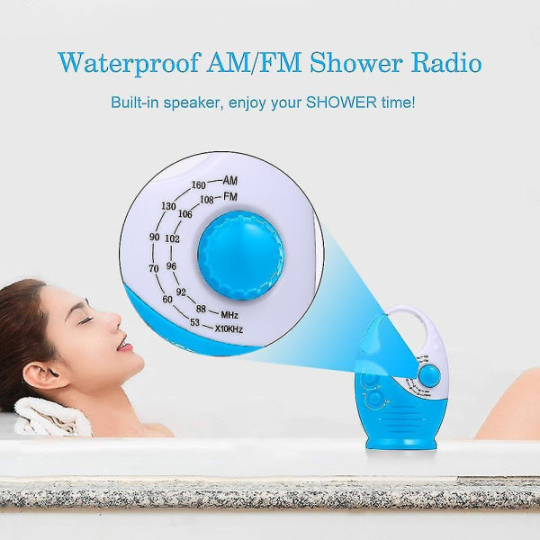 Vedenpitävä suihkuradio, säädettävä äänenvoimakkuus AM/FM-painikekaiutin, kylpyhuoneen suihkukaiutin