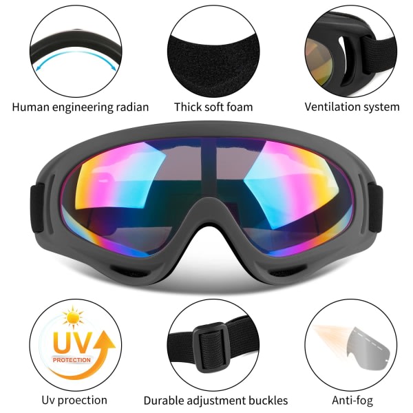 2-Pack skibriller, motorsykkelbriller, snowboardbriller for menn, kvinner, barn - UV-beskyttelse Skum Anti-ripe Støvtett svart (flerfarget)