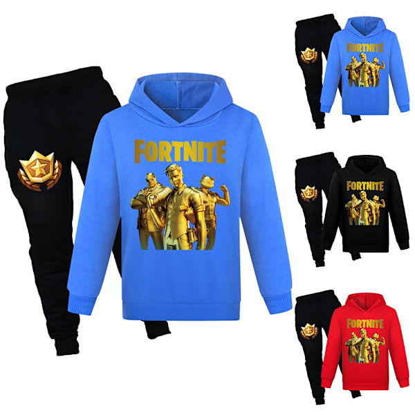 Barn F-ortnite Tryck Casual Hoodie Byxor Kostymer Pojkar Flickor Hoody Byxor Träningsoverall Set Mörkblå Dark Blue 150cm