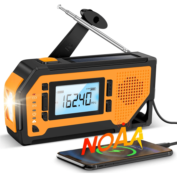 Emergency Solar Hand Crank Radio - Bärbar AM/FM/NOAA väderradio, med mobiltelefonladdare