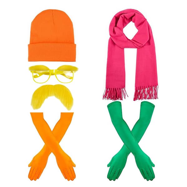 Halloween-kostym: grön hög hatt, blå solglasögon, randig handknuten slips, gröna handskar. 8-piece set