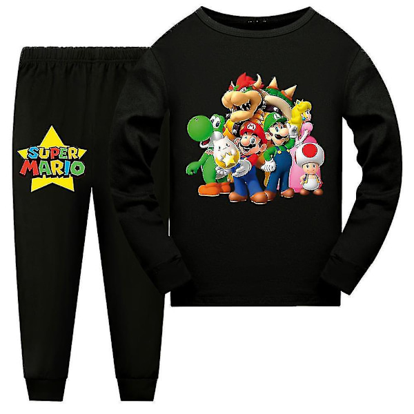 Super Mario Pyjamas Langarmet T-skjorte Bukser Sleepwear Nattøy Pjs Sett Barn Gutter Jenter Pyjamas Loungewear Alder 7-14 År CMK Svart 11-12 Years Black