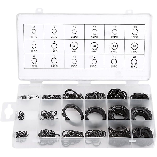 300 stk E-klips Snap Ring Shop Sortiment Svart Circlip Kit Ekstern holdering Sortiment 2mm Til 32mm
