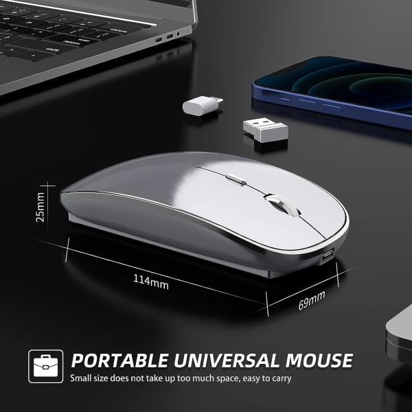Trådløs mus Oppladningsbar bärbar tyst trådløs mus USB og Type-C Dual Mode trådløs mus 3 justerbar DPI for bærbar datamaskin, Mac, PC