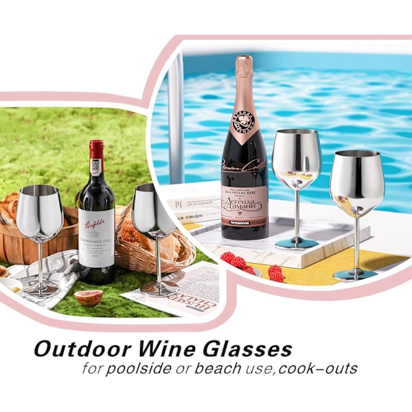 Vinglassett med 4, 53 cl Rustfritt Stål Vinglass, Knusesikkert & Bærbart Stilkglass i Metall for Utendørs, Reiser, Camping og Basseng Silver