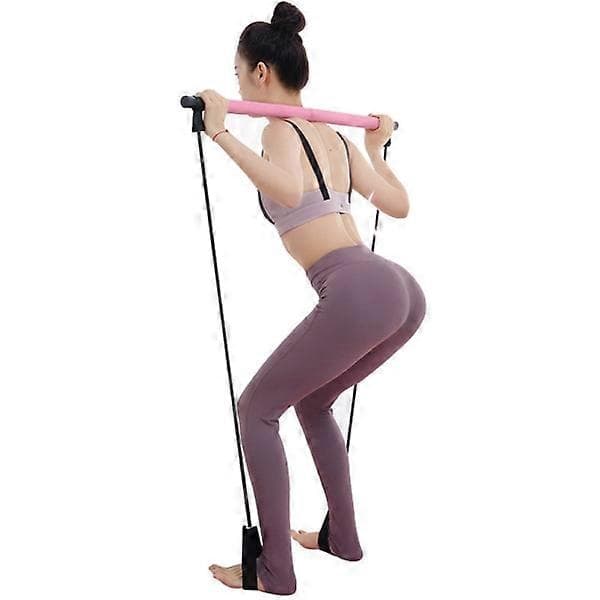 Pilates Bar Set Resistance Bands Adjustable Straps Workout Purple-FF- Pink